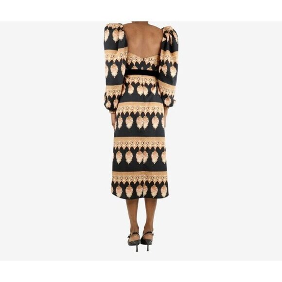 JOHANNA ORTIZ Black Symbolic Emblems Velvet Trimmed Printed Cotton Midi Dress 4 - Picture 3 of 16
